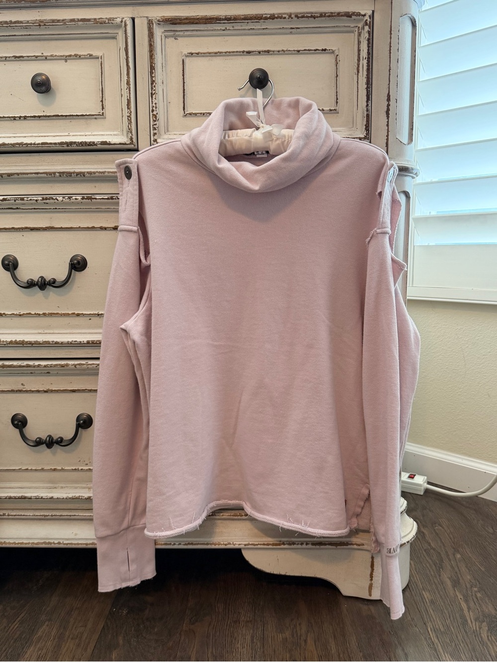 Peace Love World Pale Pink Raw-Hem Sweatshirt with Cutout Thumbs & Shoulders